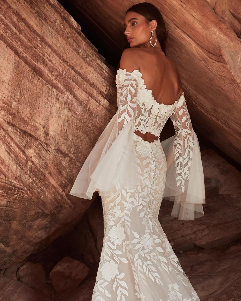 Lp2426 off the shoulder boho wedding dress with bell sleeves and sheath silhouette4
